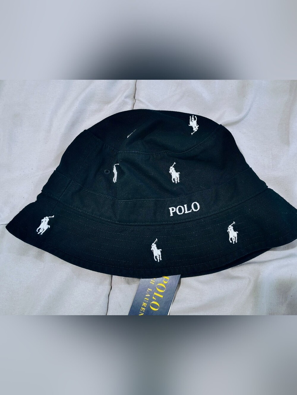 NWT Polo Ralph Lauren Black Bucket Hat Allover Pony Logo Cotton S/M Unisex